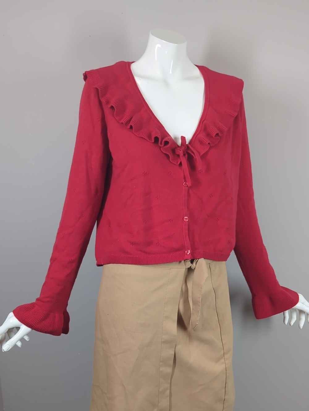 WAYF Red Women's Long-Sleeve Knit Top with Ruffled Collar Medium Fall